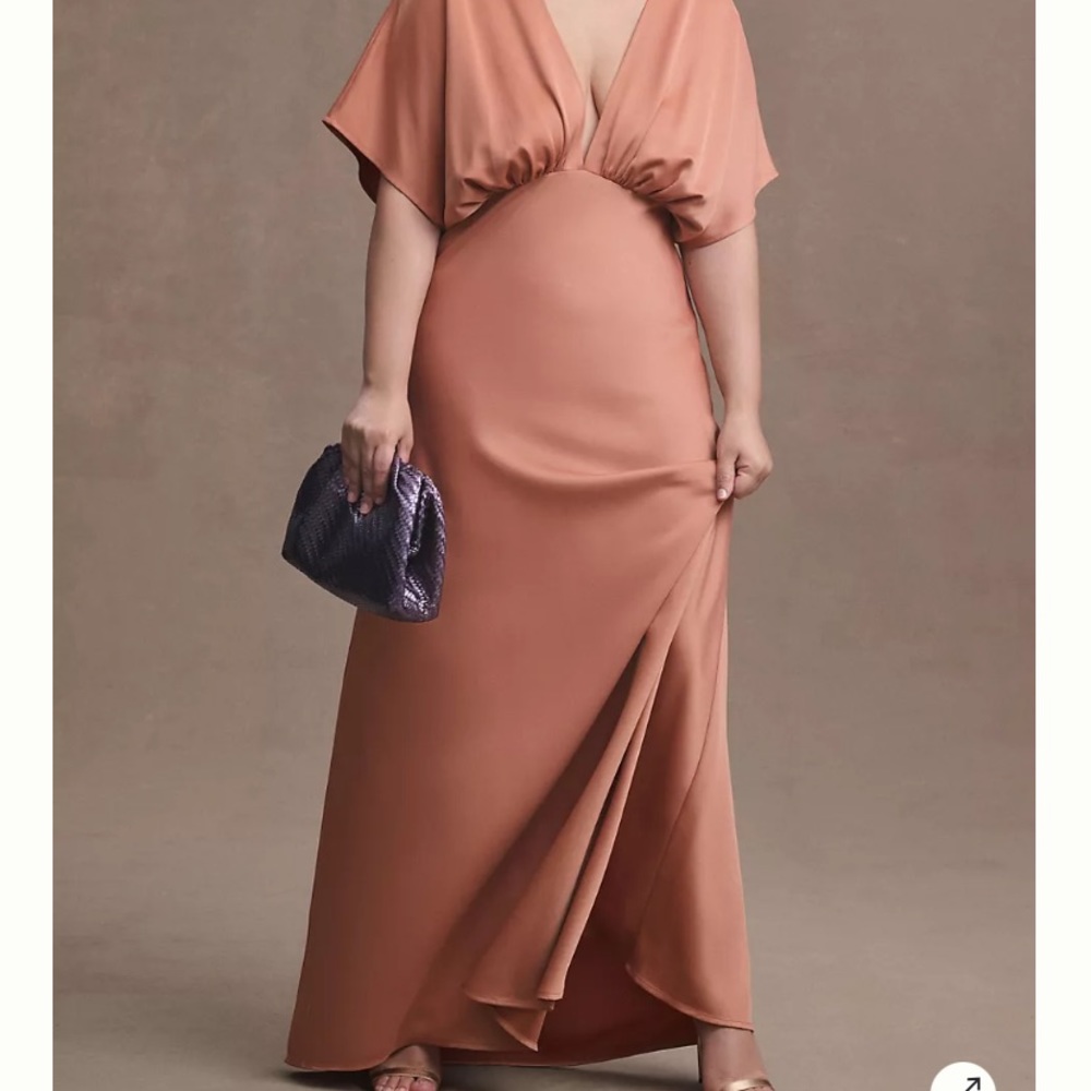 BHLDN Leila Deep-V Flutter-Sleeve Satin A-Line Gown in color Sedona